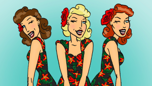 The Siren Sisters Winking in flowery dresses with a sky-blue backdrop